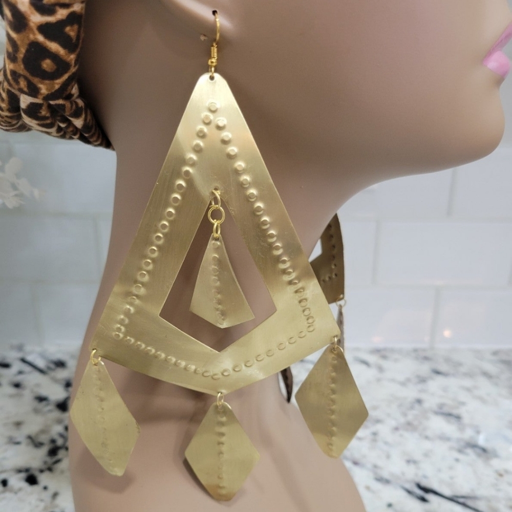 Ethnic Statement Oversized Hand Studded Matted Brass Metal Chandelier Earrings
